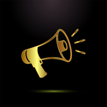 Golden megaphone icon on black background, speaker announcement public speaking.