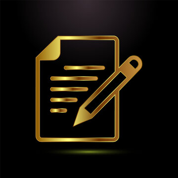 Golden pencil writing on paper document, concept of note taking.