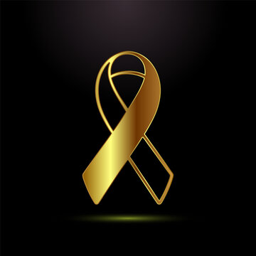 Golden ribbon awareness symbol for support and unity on black background.