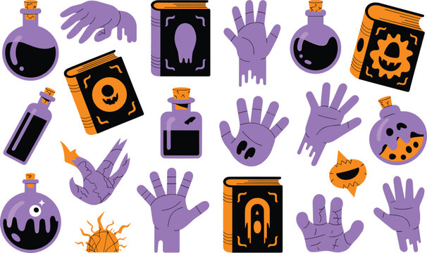 Halloween magic potion books and spooky hands icons