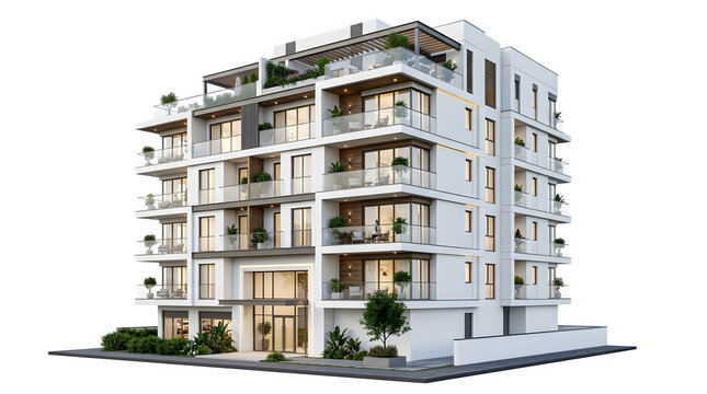 Modern apartment building model with balconies isolated on transparent background