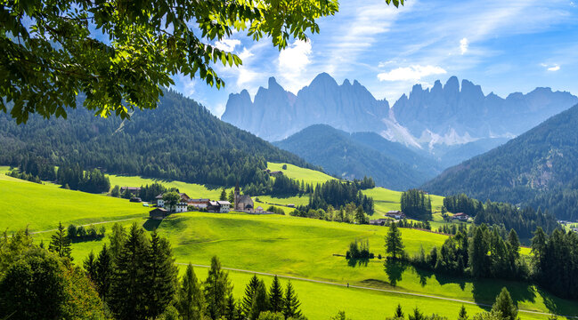 view on Val di Funes in Dolomites in Italy