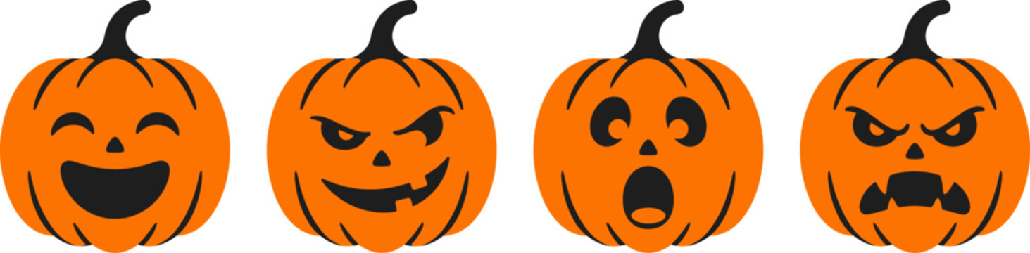 Halloween pumpkins with different faces on white background