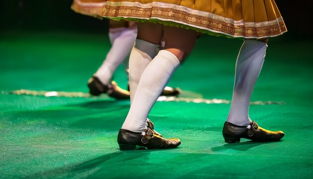 irish dancers legs performing on vibrant green stage captures spirit of ethnic dance