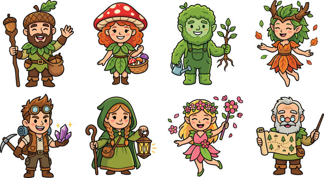 Set of cute fantasy forest characters with elves fairies and magical creatures vector illustration