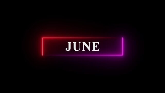 Abstract June text icon animation. Neon shine month June text sign icon animation on isolated on black background.4k motion video.