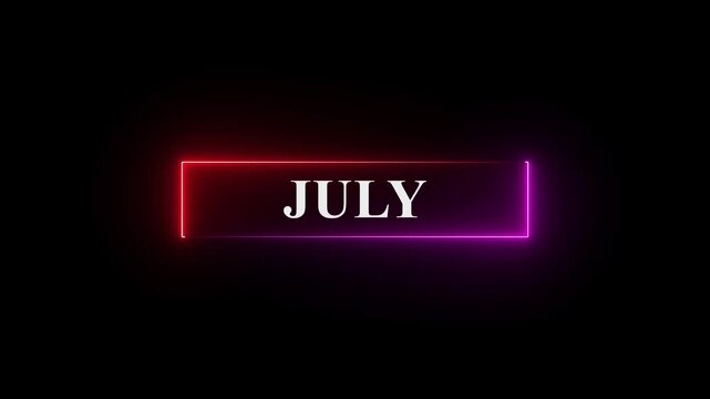 Abstract July text icon animation. Neon shine month July text sign icon animation on isolated on black background.4k motion video.