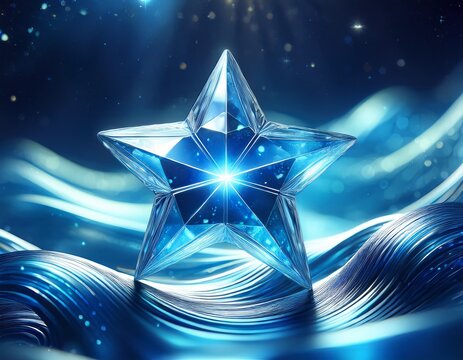 a sparkling five pointed blue crystal star floats on a shimmering abstract blue wave background