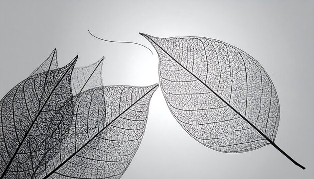 A beautiful black and white close-up of three delicate leaf skeletons