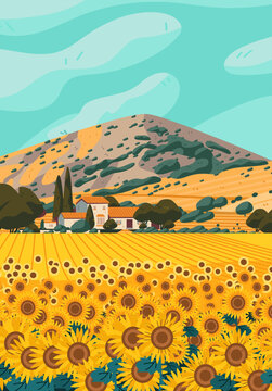 Andalusia Sunflower field Spain rural landscape farmhouse hills vibrant yellow flowers blue sky scenic countryside travel concept
