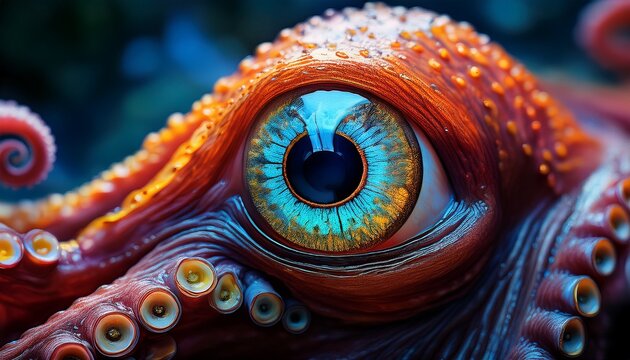 close up of an octopus eye showcasing intricate texture and vibrant colors