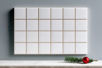 Obraz premium Minimal Christmas advent calendar mockup on wall with blank numbered boxes and pine ornament