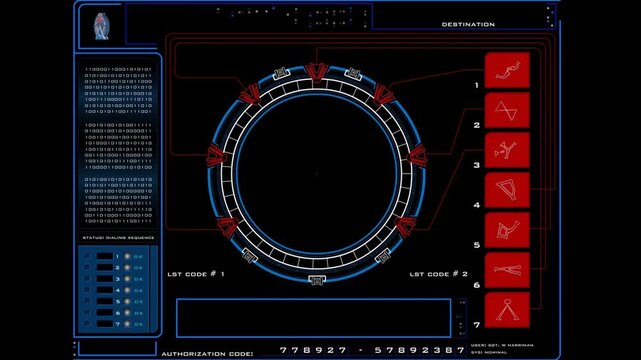 Futuristic HUD stargate control panel with digital dialing interface screen