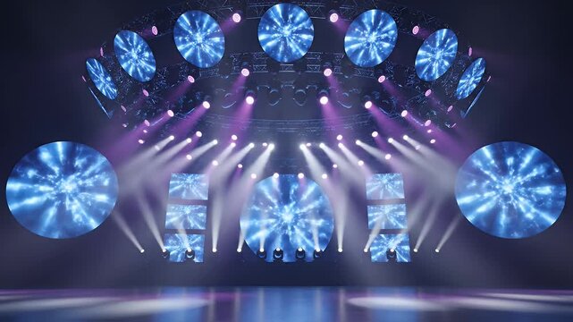 A futuristic stage setup with circular and rectangular LED screens displaying abstract blue patterns.