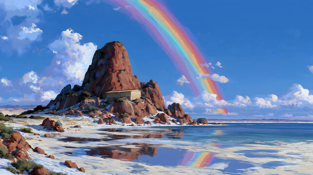 Seven-layer Rainbow Across Horizon After Flood, Ark Resting On Mountain Top, Wet Earth Puddles Reflect Rainbow, Dove Light Points Rise From Rainbow Base, Commercial Visual Asset For Myth Book Festival