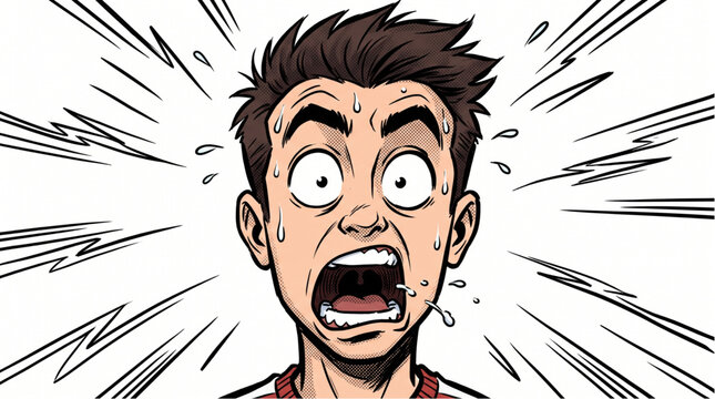 Cartoon man screaming in shock with explosive energy lines.