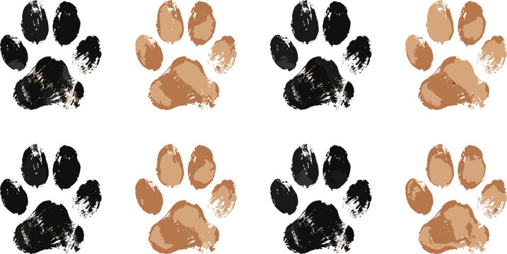 Animal paw prints pattern vector illustration in textured paint style featuring black and brown dog or cat footmarks isolated on white background