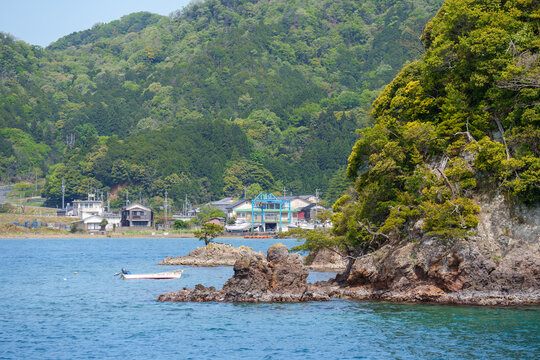 Rocky rugged shoreline of Ine Bay Japan