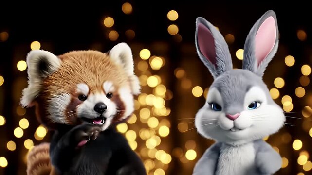 Two cute animated characters, a red panda and a bunny, are waving happily with bokeh lights in the background.