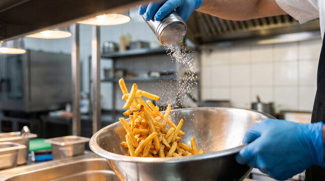 Close up of chef salting freshly cooked french fries in stainless steel bowl