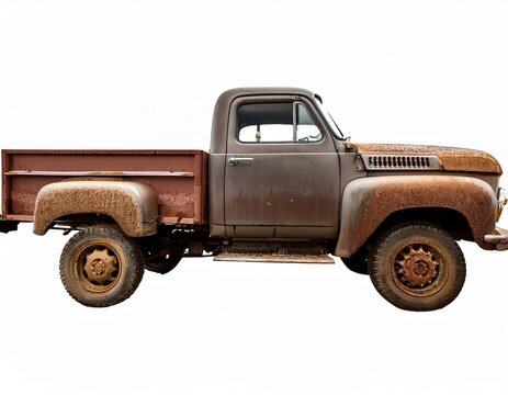 side profile of a muddy rusty vintage pickup truck on a white background