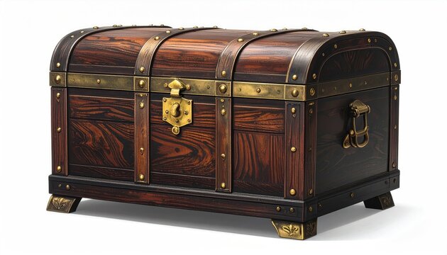 Ornate wooden chest with brass trim and latch, classic antique design