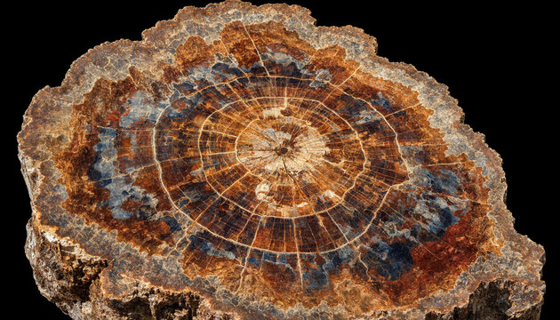 Cross section of a petrified wood log showing detailed concentric growth rings, mineralized colors of brown, blue, and orange on black background