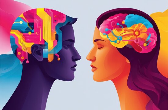 Human and artificial brains facing each other in a colorful illustration of technology and connection