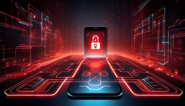 cybersecurity hacker system alert digital threat mobile phone technology data breach network security cyber attack information protection dark background glowing interface red light hologram