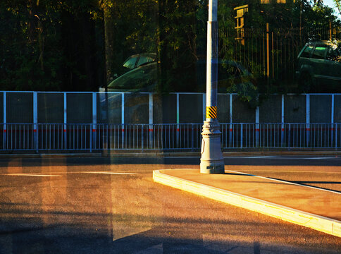 City road with post lamp abstract double exposure illustration