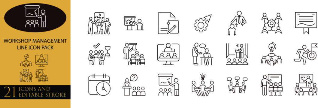 Workshop management line icon pack vector set for business training and team collaboration with editable stroke including presentation, seminar, brainstorming, goal achievement and meeting objects.