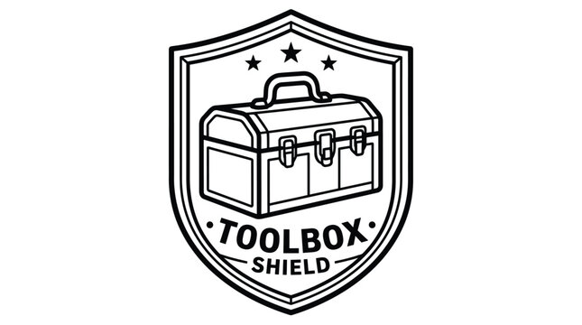Black and white logo design featuring a toolbox inside a shield emblem.