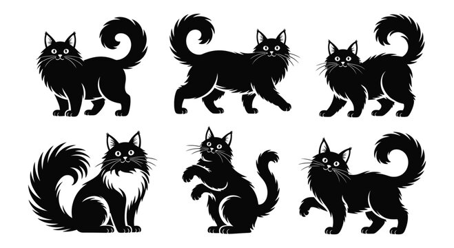 Collection of six stylized black cats depicted in various playful poses on a white background