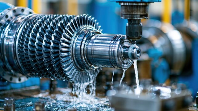 CNC machine manufacturing large aluminum turbine rotor with coolant flow