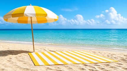 Fototapeta premium Yellow and white striped beach mat with umbrella beach on the sand.