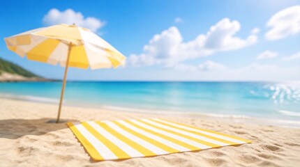 Fototapeta premium Yellow and white striped beach mat with umbrella beach on the sand.