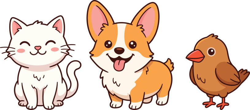 Cute cartoon pets vector illustration set featuring happy white cat smiling corgi dog puppy and little brown sparrow bird characters isolated on white background.