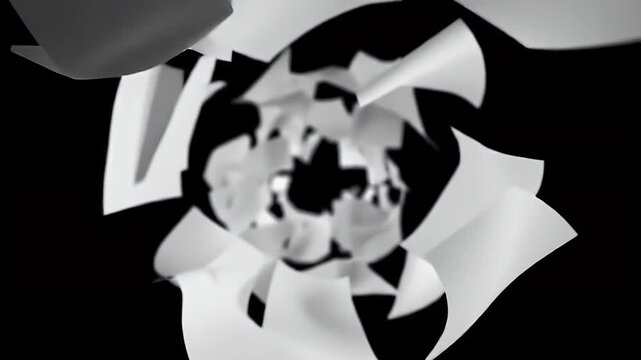 Abstract swirling paper forms against a black background.