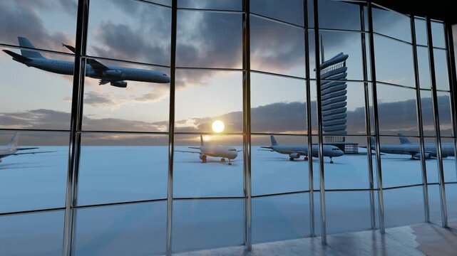 4K looping airport terminal animation featuring an aircraft taking off, ideal for travel, tourism, aviation, and transportation content.