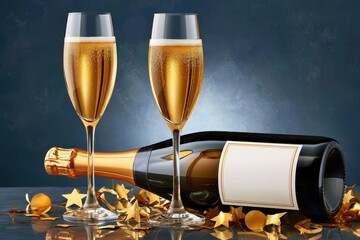 Fototapeta premium Champagne celebration with two flutes and a bottle on a dark reflective surface for New Year