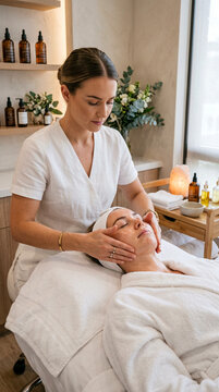 Tratamiento facial relajante realizado por una profesional en un moderno centro de est&eacute;tica con ambiente elegante.