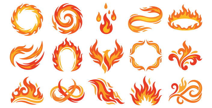 Stylized fire element collection with orange flame swirls circles and hot burning graphic symbols.