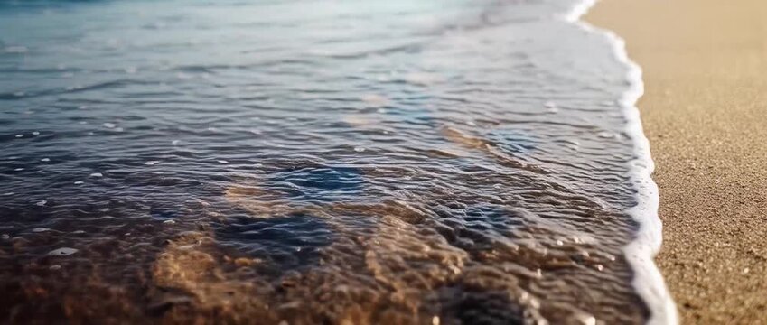 Ocean waves wash away human footprints on a sandy beach shore.