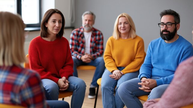 Supportive adults sitting in a circle with open seat for newcomer in community room
