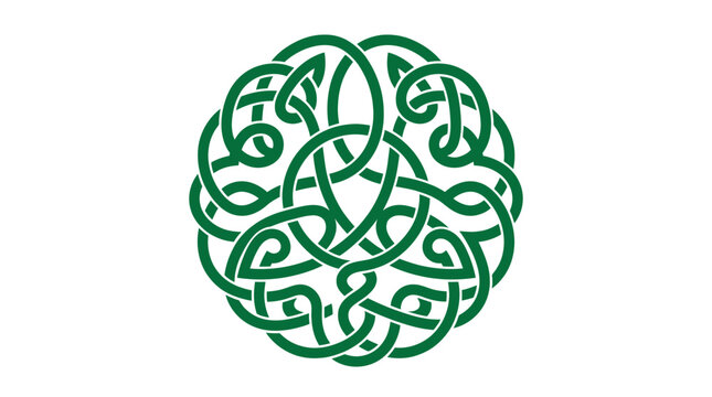 A green Celtic knotwork design is intricately woven into a circular pattern on a white background