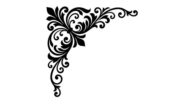 A decorative black floral design corner border with swirling patterns and leaves.