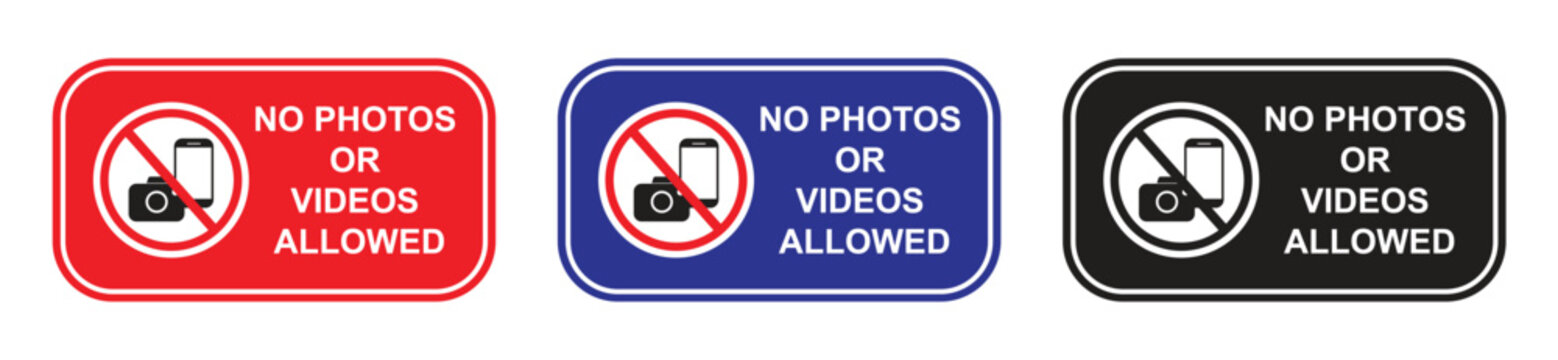 No Photos or Videos Allowed Sign Icon Set in Red, Blue and Black Colors