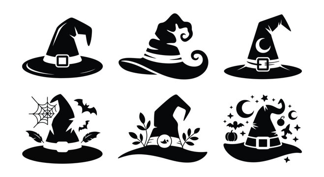Collection of six distinct black witch hats for Halloween celebrations and spooky designs