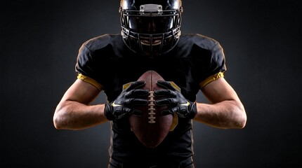 American football player gripping ball in dramatic studio portrait wearing helmet gloves and black uniform © 99stock