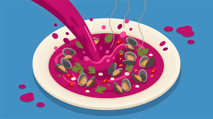 Fresh Cockles In Vibrant Beetroot Soup Being Poured Into A Ceramic Plate, Flat Vector Illustration Of Seafood Dish With Parsley And Garlic, High Angle View Of Culinary Preparation Process © Nurulstudio